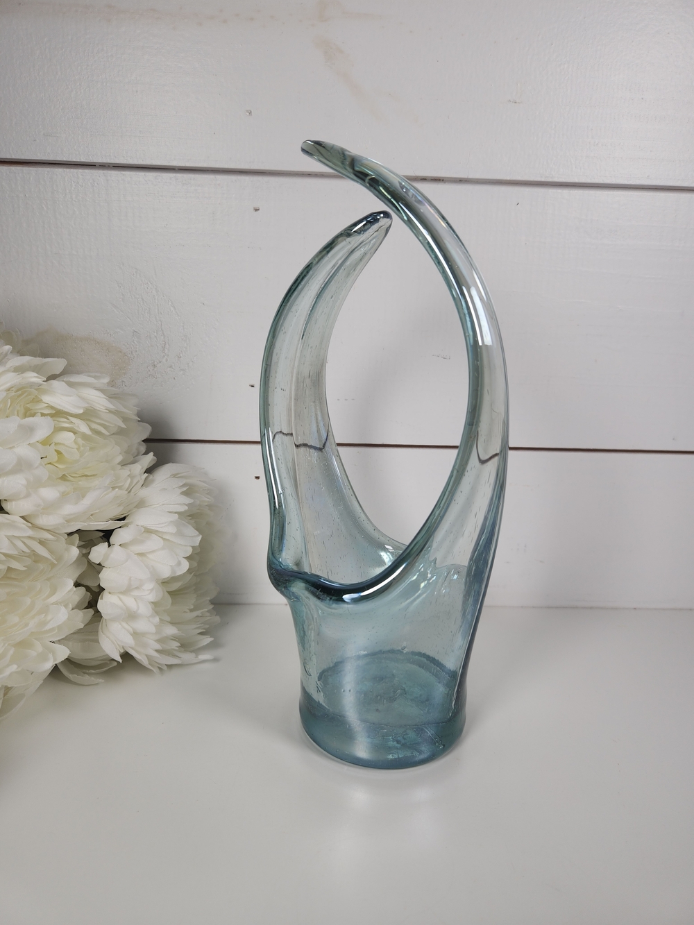 Vintage Handblown Stretched Blue Art Glass Basket Murano Style 10.5" Sculptural